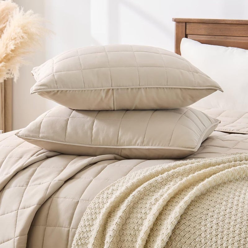 EMME Quilts Twin Size Bedding Sets, Beige Bedspread Soft Pre-Washed Quilt Winter Bed Sets, 2 Piece Cozy Reversible Microfiber Bed Coverlet with Pillow Sham (Square Pattern,66"x90") - Image 4